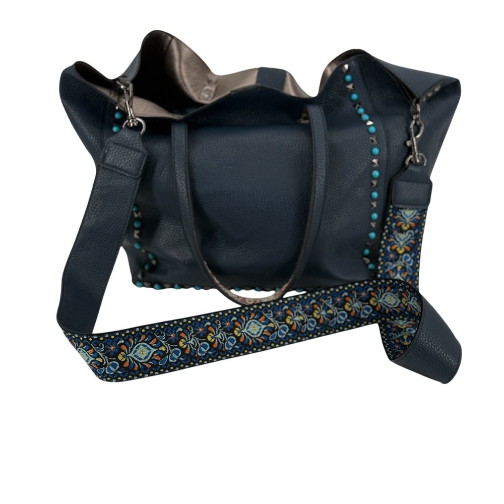 Chic Blue Embroidered Hobo Tote Shoulder Bag Faux Leather Purse